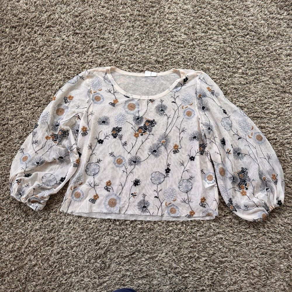 Melrose And Market Mesh Boho Floral Top Women’s XS Peach Embroidered Sheer